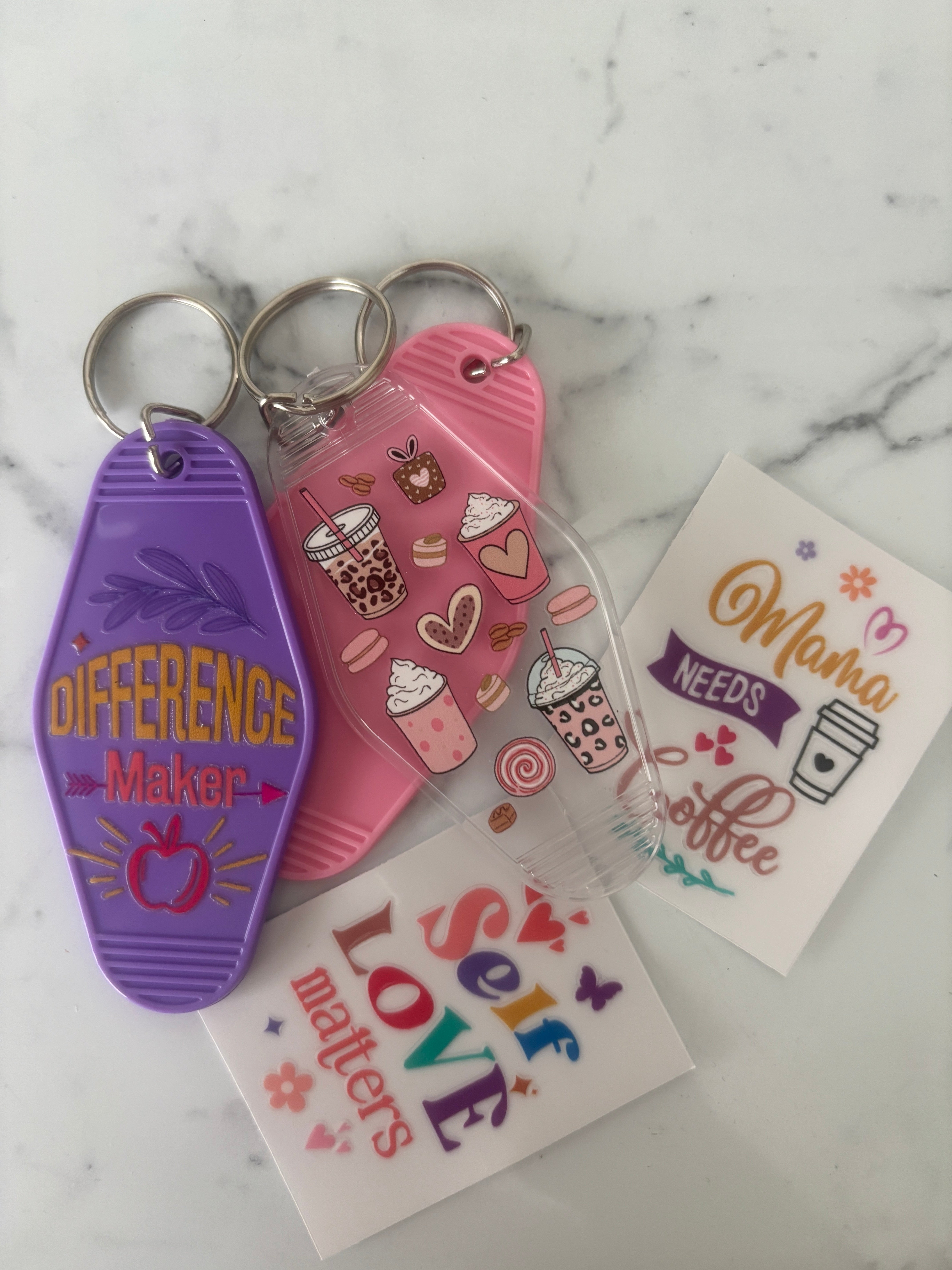 3 x Assorted Retro Keychains with UVDTF Transfers