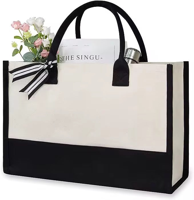 Black and white stand up tote with matching ribbon