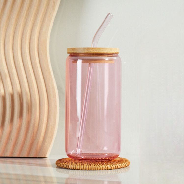 Pink Blank Can Glass with Bamboo Lid and Clear Straw Low Stock | Arriving Mid to Late November - Only The Sweet Stuff