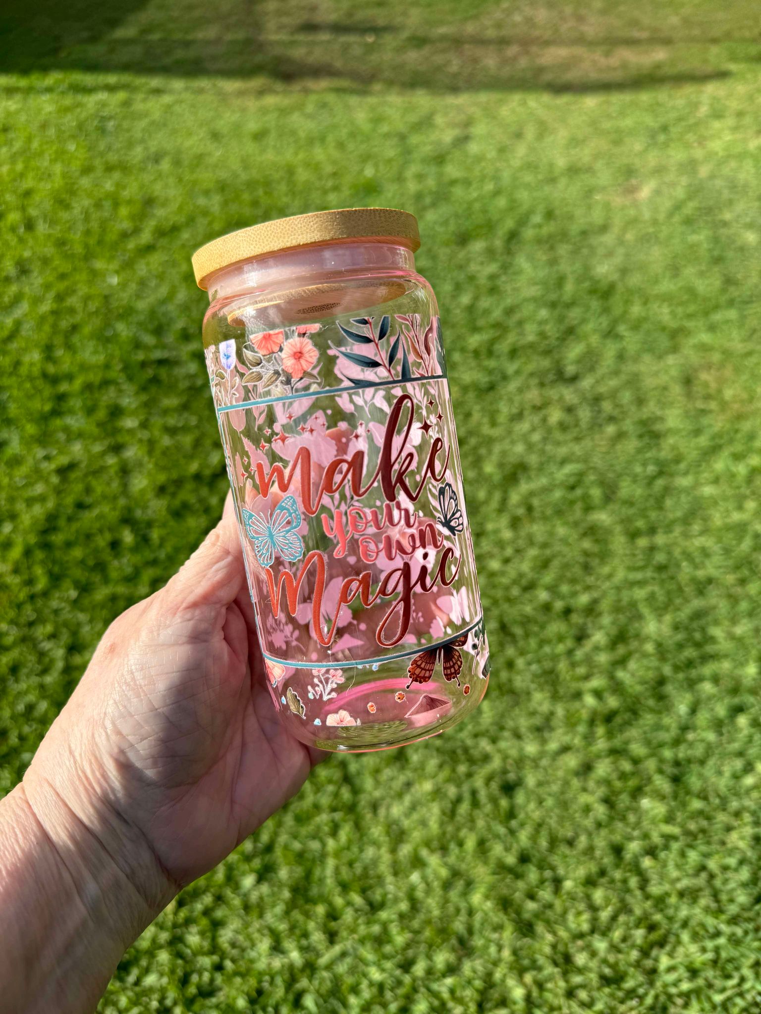 Pink Blank Can Glass with Bamboo Lid and Clear Straw