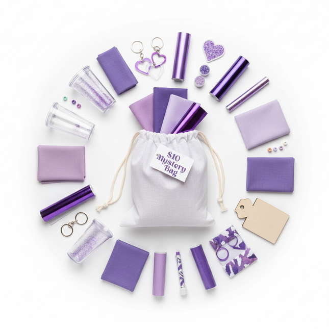 A mystery bag filled with assorted craft blanks and projects in purple brand colours